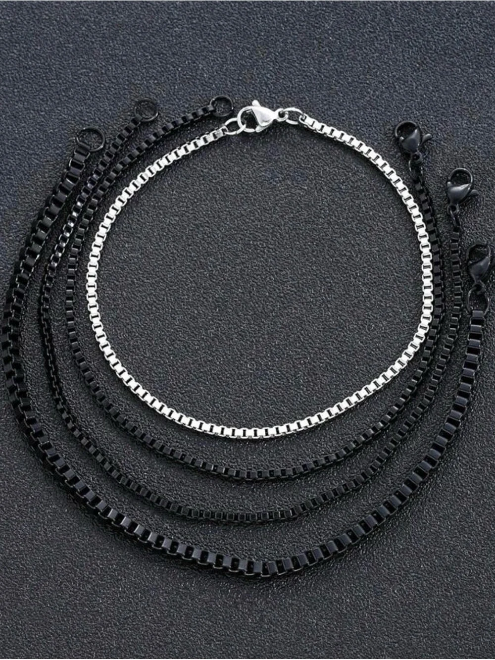 Men's Black and Silver Stainless Steel Box Chain Bracelet Set
